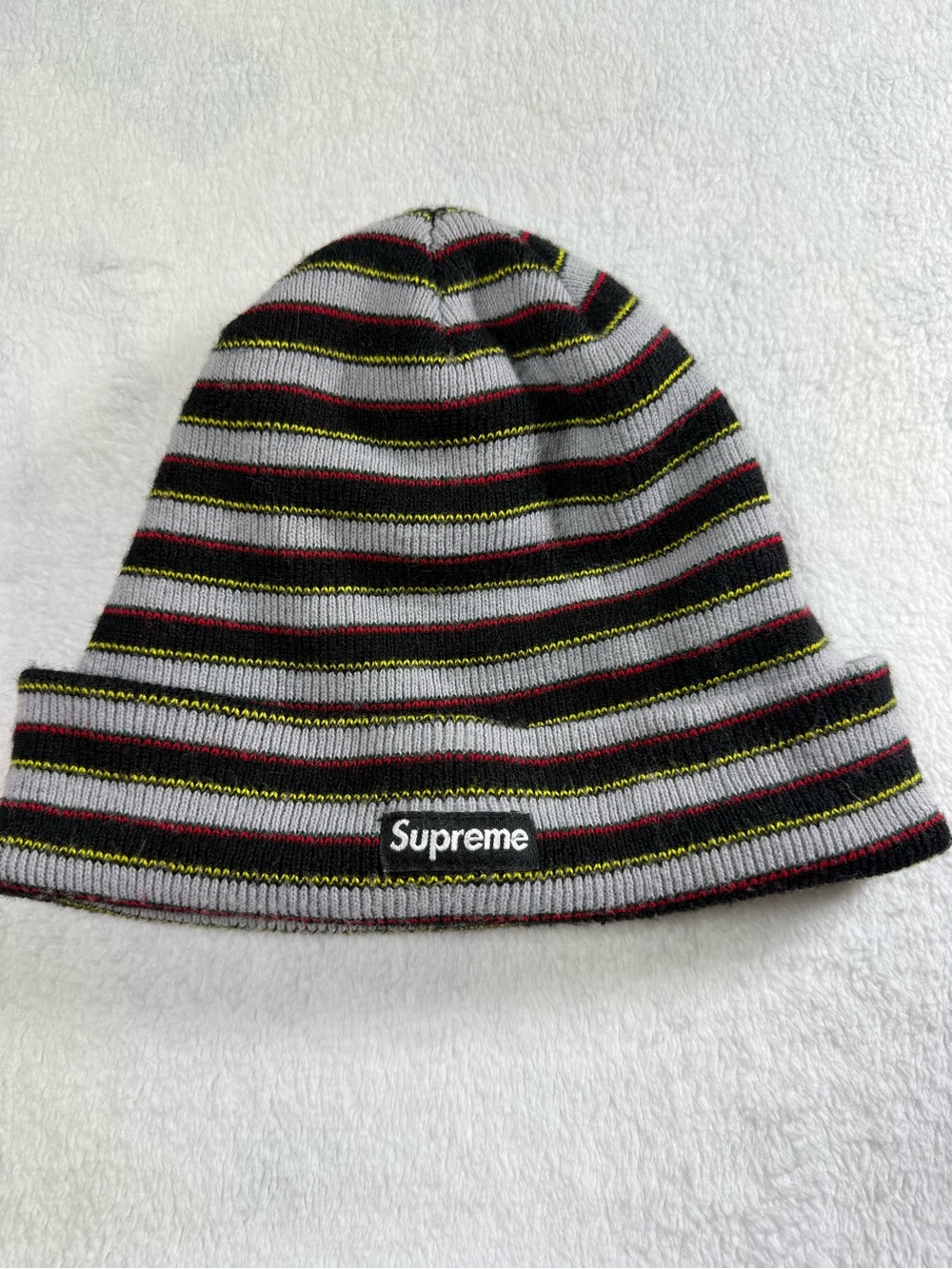 Supreme Striped Beanie in Gray, Black and Yellow
